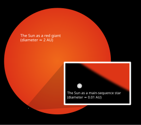 The size of the current Sun (now in the main sequence) compared to its estimated size during its red giant phase Sun red giant.svg