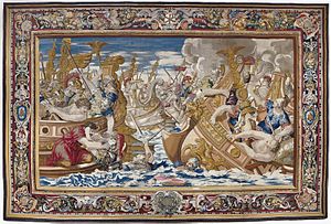 Battle of the Hellespont, 324 Tapestry showing the Sea Battle between the Fleets of Constantine and Licinius.jpg
