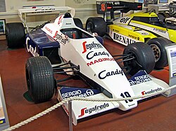 Ayrton Senna's Toleman TG184 car in which he took second place at the 1984 Monaco Grand Prix. Toleman TG184 Senna Donington Grand Prix Collection.jpg
