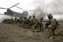 Army Rangers during a training operation. U.S. Army Rangers, assigned to 2nd Battalion, 75th Ranger Regiment, prepare for extraction on Fort Hunter Liggett, California, Jan. 30, 2014.jpg
