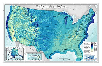 Map of average wind speeds at 100 meters for the United States.