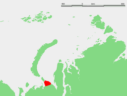 Plasseringa til Jugorskijhalvøya. Jugorskijsundet ligg på nordvestsida.