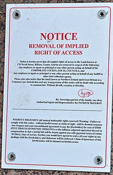 An example of a notice used by a self-described freeman on the land in Belfast, Northern Ireland "Sovereign Citizen" notice, Belfast (October 2013) (geograph 5824402).jpg