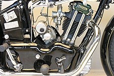 De rechterkant van het motorblok met de hellende cilinder met stoterstangen, de carburateur, de magdyno, het deksel over carter en versnellingsbak waar alleen het rempedaal, de voetsteun en de kickstarter doorheen steken.