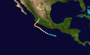 Hurrikaanin reitti ja voimakkuus. Reittikartan pallot on väritetty Saffirin–Simpsonin asteikon mukaan. 012345