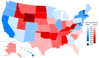 Results by state, shaded according to winning candidate's margin of victory. Biden performed the best in the District of Columbia, while Trump performed best in Wyoming. The closest state was Georgia.