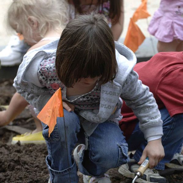 File:A young girl uses a trowel to dig a hole for plants in the pollinator garden.jpg