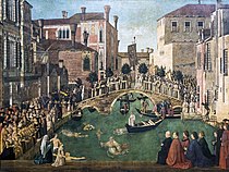 真蒂萊·貝利尼的《圣洛伦佐桥的真十字奇迹》，326 × 435cm，約作於1500年，1820年始藏[20]