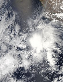 Tropical Storm Andres off the coast of Central America on May 9. The storm is at peak intensity, and most of its clouds are on its west side.