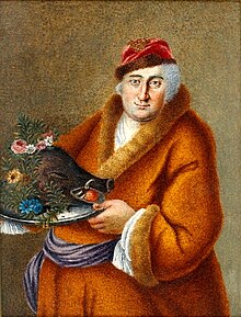 Painting of a man carrying a boar's head. The subject is a smiling grey-haired, brown-eyed man in a fur-trimmed reddish brown coat girded with a lilac sash and a fur-trimmed crimson cap, standing against a greenish brown background and carrying in both hands a plate with a boar's head adorned with twigs and flowers.