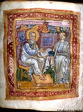 John the Apostle and Marcion of Sinope in an Italian illuminated manuscript, painting on vellum, 11th century Apostle John and Marcion of Sinope, from JPM LIbrary MS 748, 11th c.jpg
