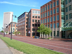 Looking toward N. High Street on W. Nationwide Boulevard in The Arena District