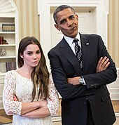 U.S. President Barack Obama jokingly mimics the "McKayla is not impressed" expression in the Oval Office, November 2012. Barack Obama with artistic gymnastic McKayla Maroney 2.jpg