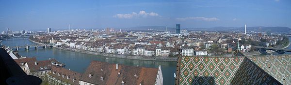 A panoramic view of Basel, looking east over Kleinbasel (smaller Basel)
