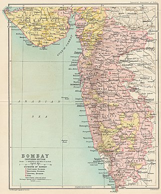 Bombajské prezidentství, rok 1909, jižní část.