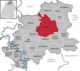 Läget för Buchen (Odenwald) i Neckar-Odenwald-Kreis