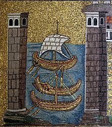 Byzantine ships in Classe (the port of Ravenna), depicted in a mosaic of Basilica of Sant'Apollinare Nuovo, 6th century. Byzantine ships - Harbor of Classe mosaic - Sant'Apollinare Nuovo - Ravenna 2016.jpg