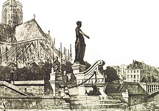 Projet de monument représentant la ville de Paris derrière Notre-Dame-de-Paris.