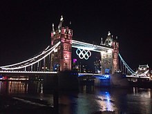Tower Bridge with Olympic Rings during the 2012 London Olympics Chithrubar.jpg