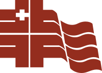 Abgebildet ist das Logo der 1. Spielklasse im Schweizer Feldhandball. Dargestellt ist ein rotes Kreuz, das wie eine wehende Fahne gestaltet ist. Innerhalb dieses großen Kreuzes ist ein weiteres, viel kleineres weißes Kreuz eingesetzt.