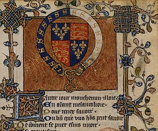 Marque de propriété aux armes de Bedford dans un manuscrit contenant des œuvres de Geoffroi de Charny (BNF, Manuscrit français 25 447, fol. 3 (détail).