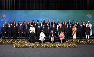 Her Majesty Queen Elizabeth II poses with the heads of commonwealth countries or their representatives after the inauguration of the CHOGM 2011, at Perth Convention and Exhibition Centre, in Australia on October 28, 2011.jpg