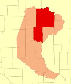 Cass County of 1851 (pink) and today (red) HistoricalCassCoMN.jpg