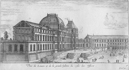 1644年頃のルーヴル西側ファサード。ジャック・ルメルシエが北へ延伸したレスコ翼が見える。レスコ翼終端のボーヴェ棟 (Pavillon de Beauvais)は一階部分しかない。イスラエル・シルヴェストルの銅版画。