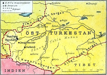 Karta, Östturkestan, nuvarande Xinjiang, med Svenska missionsförbundets missionsstationer markerade.