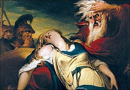 Portrait, vieillard fouetté par la tempête et portant sa fille morte dans ses bras ; quelques soldats sur la gauche ; nuit lugubre et agitée ; somptueux vêtements.