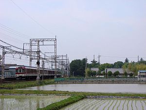 8400系京都ゆき急行。右手には薬師寺 （西ノ京駅付近）