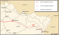 Map of LGV Est, with the Saverne Tunnel highlighted in grey.