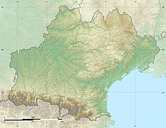 Mapa konturowa Oksytanii, u góry znajduje się punkt z opisem „Rezerwat przyrody Coteaux du Fel”