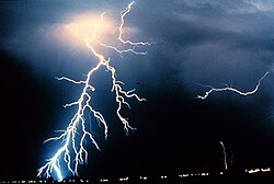 Lightning strikes during a night-time thunderstorm. Energy is radiated as light when powerful electric currents flow through the Earth's atmosphere.