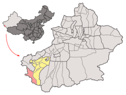 Taxkorgan County (red) in Kashgar Prefecture (yellow) and Xinjiang