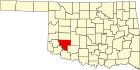 Harta statului Oklahoma indicând comitatul Kiowa