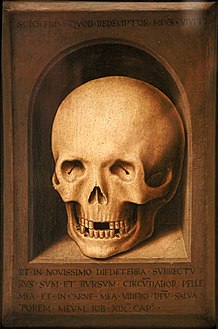 Memento mori. The text says: Scio enim quod redemptor meus vivit et in novissimo diedeterra surrecturus sum et rursum circūdabor pelle mea et incarne mea videbo deū salvaorem meum Job XIX° cap° ("For I know that my redeemer liveth, and that he shall stand at the latter day upon the earth. And though after my skin worms destroy this body, yet in my flesh shall I see God", Book of Job 19, 25-26 (KJV))