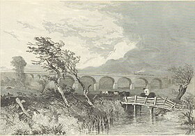 1830s drawing showing a newly built arch bridge standing in open countryside