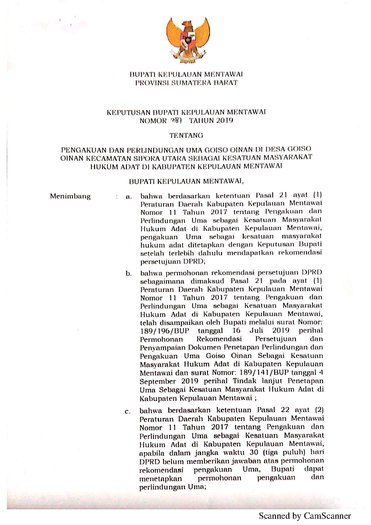 Surat Keputusan Bupati Kepulauan Mentawai Nomor 387 Tahun 2019 tentang Pengakuan dan Perlindungan Uma Goiso Oinan di Desa Goiso Oinan Kecamatan Sipora Utara sebagai Kesatuan Masyarakat Hukum Adat di Kabupaten Kepulauan Mentawai