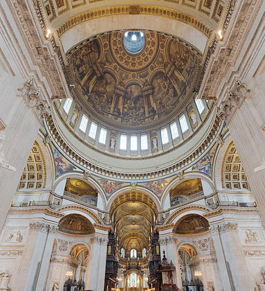 A view of the interior dome of St Paul's Cathedral from the west, looking upwards towards the choir.