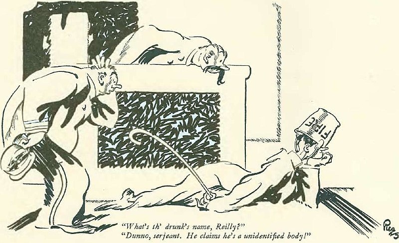 A cartoon drawing of a man with a bucket on his head and lying on the ground, as two other men look at him.