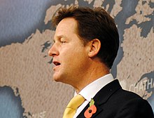 Nick Clegg and the Liberal Democrats showed a great fall in the polls after entering a coalition government with the Conservatives. The Rt Hon Nick Clegg, Deputy Prime Minister, UK (8144405296).jpg