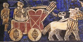 The wheel, invented sometime before the 4th millennium BC, is one of the most ubiquitous and important technologies. This detail of the "Standard of Ur", c. 2500 BCE., displays a Sumerian chariot. Ur chariot.jpg