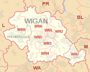 WN postcode area map, showing postcode districts, post towns and neighbouring postcode areas.