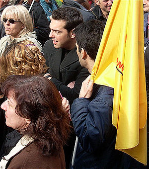 Greek politician Alexis Tsipras (center) among...