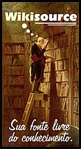 affiche présentant un homme sur une échelle face à une immense étagère de livres