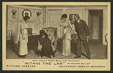 Black and white advertisement showing three women and a man onstage.