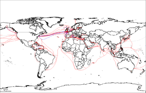 Map showing submarine telecommunication cables...