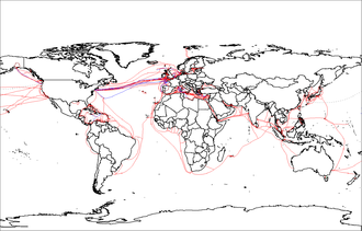 2007 map showing submarine fiberoptic telecommunication cables around the world. World map of submarine cables.png