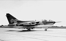 YA-7D-1-CV AF Serial No. 67-14582, the first USAF YA-7D, 2 May 1968. Note the Navy-style refueling probe (retracted beside the cockpit in the standard position, not the air test data probe on the nose cone, which is part of the flight testing equipment) and the modified Navy Bureau Number used as its USAF tail number. 445th Flight Test Squadron YA-7D Corsair II 67-14582 (RS View).jpg